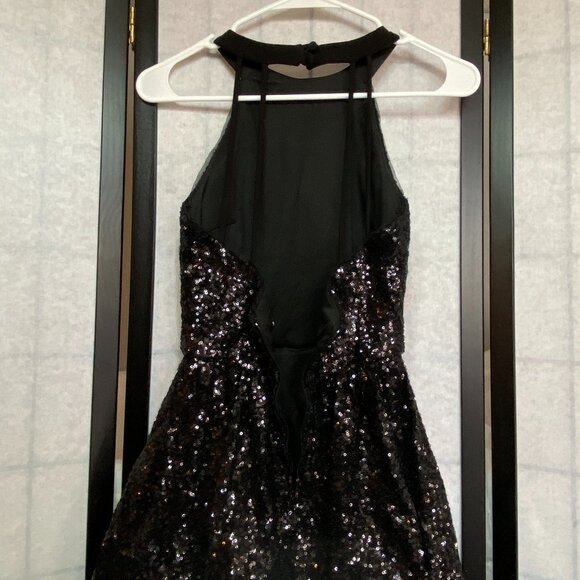 B Darlin Sequin High Neck Halter Open Back Ruffle Hem Mini Dress Black - Picture 4 of 15